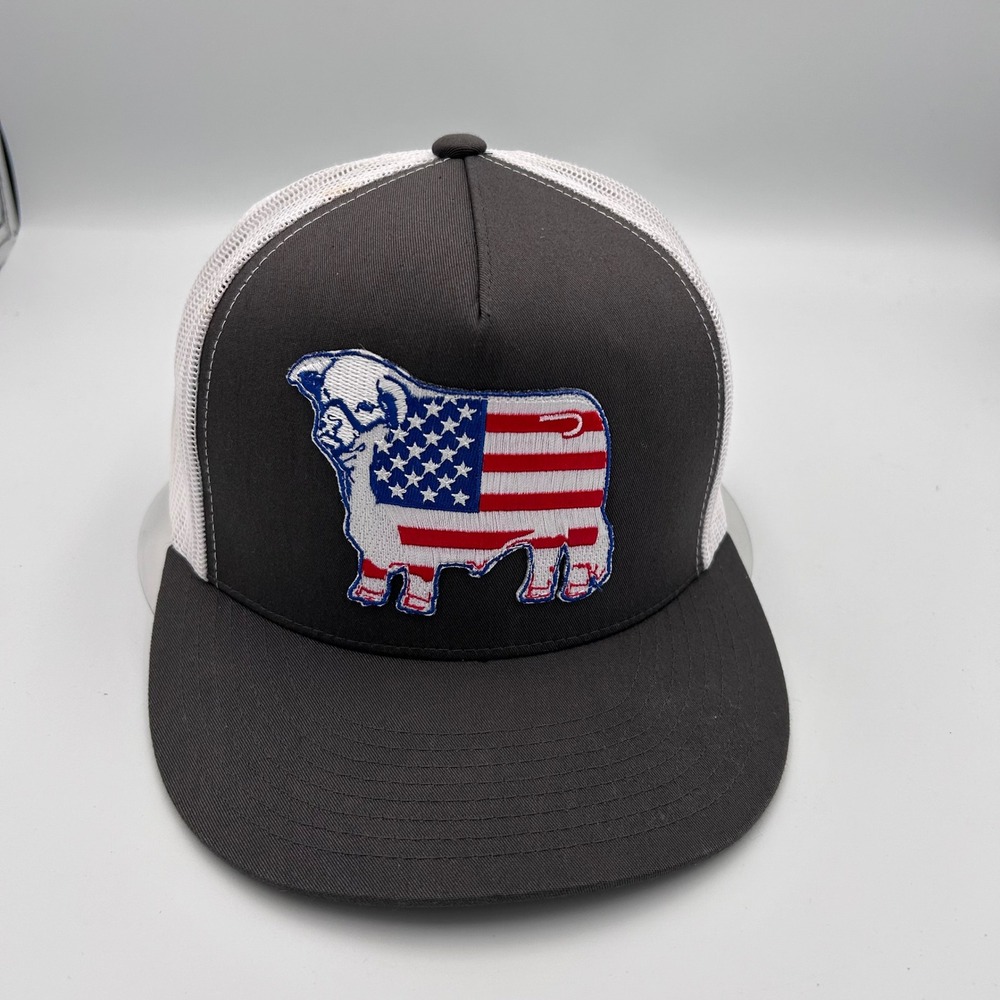 Yupoong The Classics American Flag Bull Trucker Hat Snapback Grey White Mesh